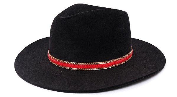 Chapéu Fedora Aba Grande 8cm Veludo Preto Faixa Vermelho - Coleção Carre