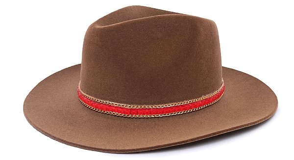 Chapéu Fedora Aba Grande 8cm Veludo Caramelo Faixa Rosé - Coleção Carre