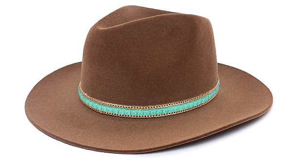 Chapéu Fedora Aba Grande 8cm Veludo Caramelo Faixa Verde Água - Coleção Carre