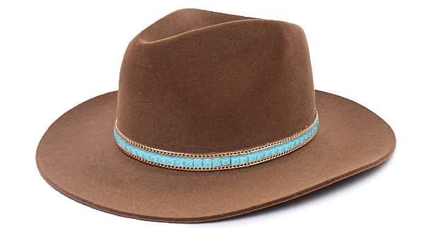 Chapéu Fedora Aba Grande 8cm Veludo Caramelo Faixa Azul Claro - Coleção Carre