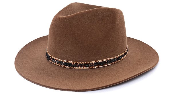 Chapéu Fedora Aba Grande 8cm Veludo Caramelo Faixa Preta - Coleção Cascalho