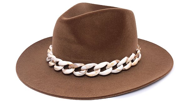 Chapéu Fedora Aba Grande 8cm Veludo Caramelo Faixa Marmore Branco - Coleção Corrente Grande