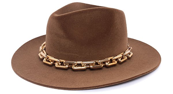 Chapéu Fedora Aba Grande 8cm Veludo Caramelo Faixa Dourada - Coleção Corrente Grande