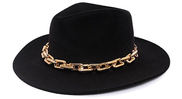 Chapéu Fedora Aba Grande 8cm Veludo Preto Faixa Dourada - Coleção Corrente Grande