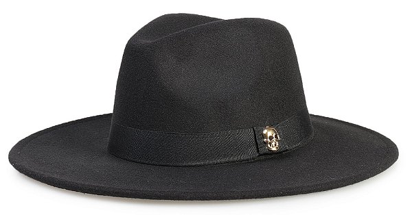 Chapéu Fedora Preto Aba Reta 8cm Feltro Caveira Dourada Rose