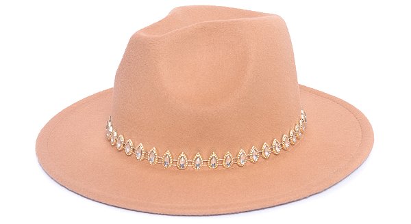 Chapéu Fedora Bege Aba Média 7cm Faixa Crystal Mirror - Coleção Metalizada Exclusiva
