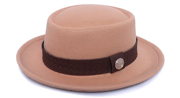 Chapéu Pork Pie Feltro Bege Aba Média Faixa Marrom - Coleção Macramê pg