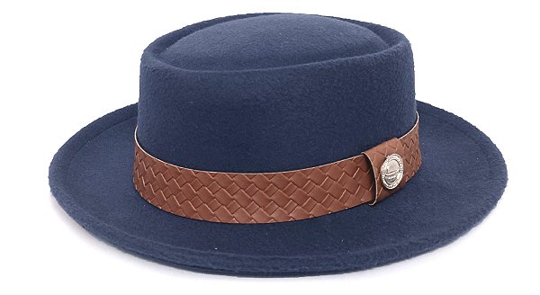 Chapéu Pork Pie Feltro Azul Marinho Aba Média Faixa Caramelo - Coleção Macramê pg