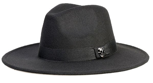 Chapéu Fedora Preto Aba Reta 9cm Feltro Caveira Grafite