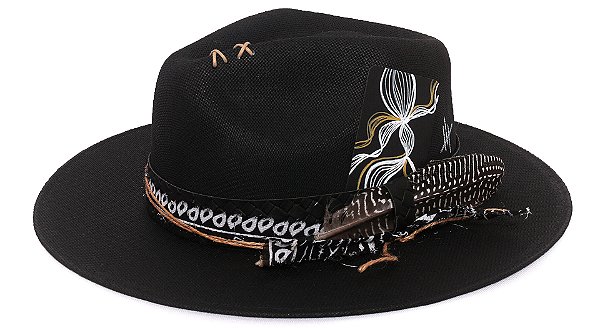 Chapéu Fedora Palha Lona Preto Aba Média Faixa Preta High Custom XVII