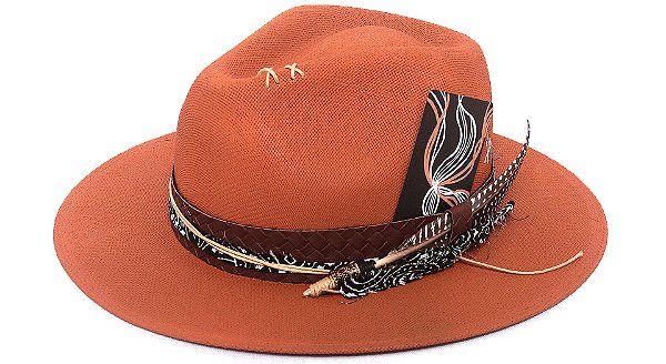 Chapéu Fedora Palha Lona Caramelo Aba Média Faixa Marrom High Custom XVII