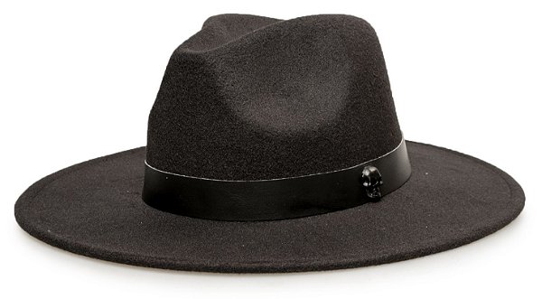 Chapéu Fedora Feltro Preto Aba Reta 7cm  Faixa Preta Caveira Preta - Coleção Couro