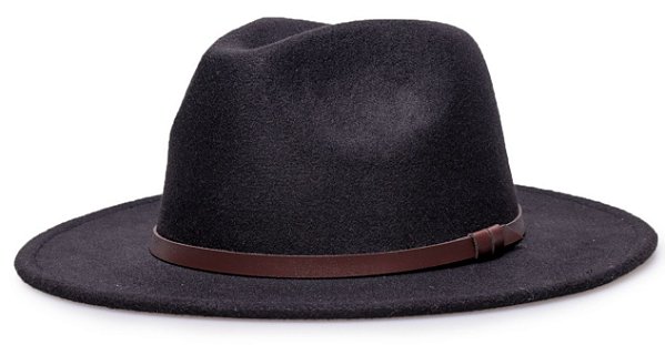 Chapéu Fedora Preto Aba Reta 7cm Feltro Faixa Couro Duo Marrom