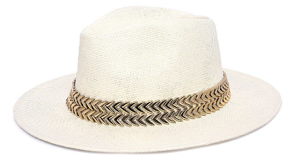 Chapéu Fedora Palha Rígida Creme Aba Média 7cm Dupla Metalizada - Coleção Metalizada