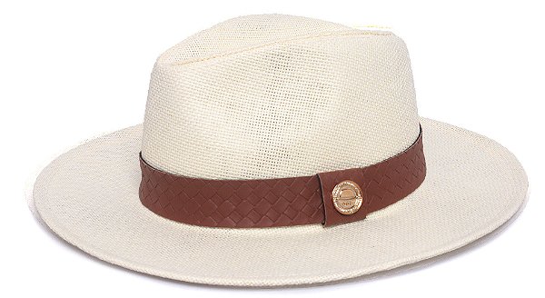 Chapéu Panamá Palha Rígida Creme Aba Média 7cm Faixa Caramelo - Coleção Macrame
