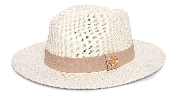 Chapéu Panamá Palha Rígida Creme Aba Média 7cm Faixa Bege - Coleção Macrame