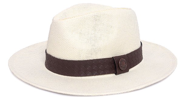 Chapéu Panamá Palha Rígida Creme Aba Média 7cm Faixa Marrom - Coleção Macrame