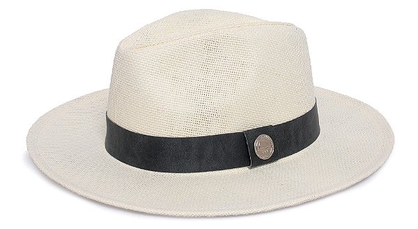 Chapéu Panamá Palha Rígida Creme Aba Média 7cm Faixa Cimento Queimado Grafite- Coleção Couro
