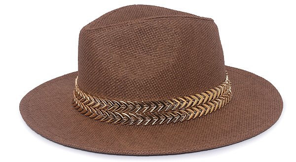 Chapéu Fedora Palha Rígida Marrom Aba Média 7cm Dupla Metalizada - Coleção Metalizada