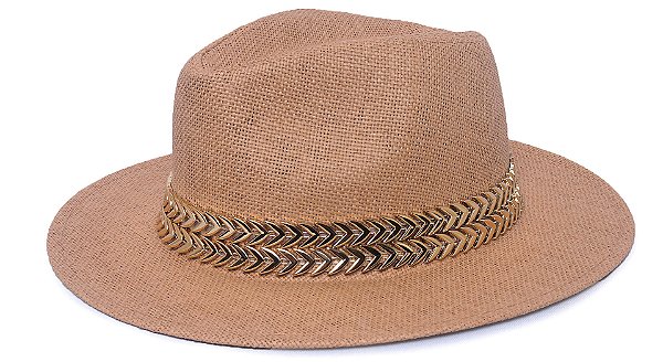 Chapéu Fedora Palha Rígida Caramelo Aba Média 7cm Dupla Metalizada - Coleção Metalizada