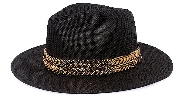 Chapéu Fedora Palha Rígida Preto Aba Média 7cm Dupla Metalizada - Coleção Metalizada