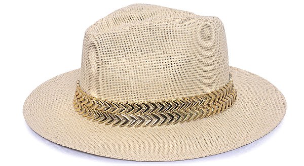 Chapéu Fedora Palha Rígida Bege Aba Média 7cm Dupla Metalizada - Coleção Metalizada