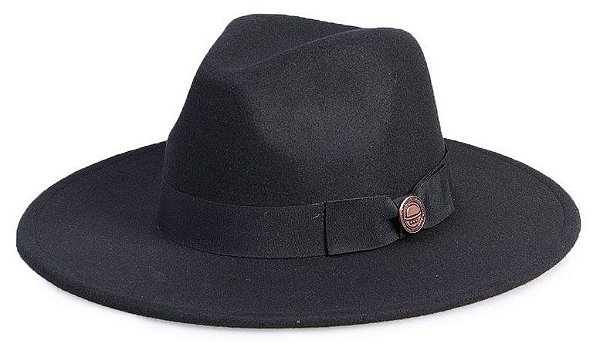 Chapéu Fedora Preto Aba Reta 9cm Feltro Laço