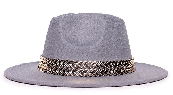 Chapéu Fedora Feltro Cinza Aba Média 7cm Faixa Double Dourada - Coleção Metalizada