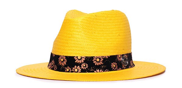 Chapéu Panamá Palha Shantung Amarelo Aba média 7cm Faixa Flower Rose - Coleção Suede