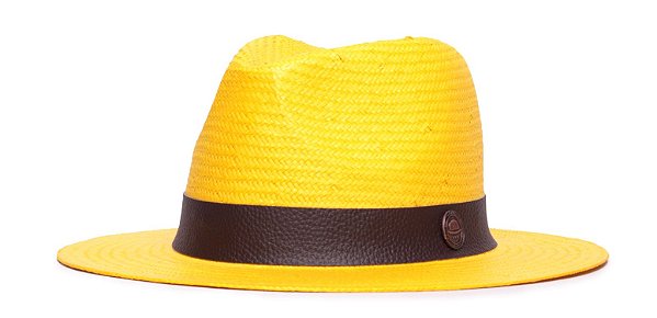 Chapéu Panamá Palha Shantung  Amarelo Aba média 7cm Faixa Skin Marrom Café - Coleção Couro