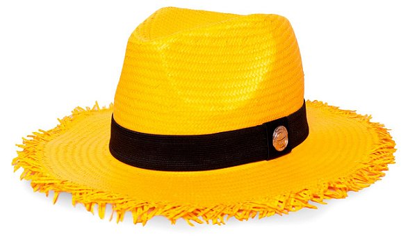 Chapéu Panamá Palha Shantung Destroyed Amarelo Aba Média 7cm Faixa Preta - Coleção Clássico