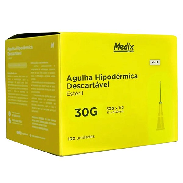Agulha 13 X 0,30 30G 1/2 Amarela Cx C/100 Un - Medix