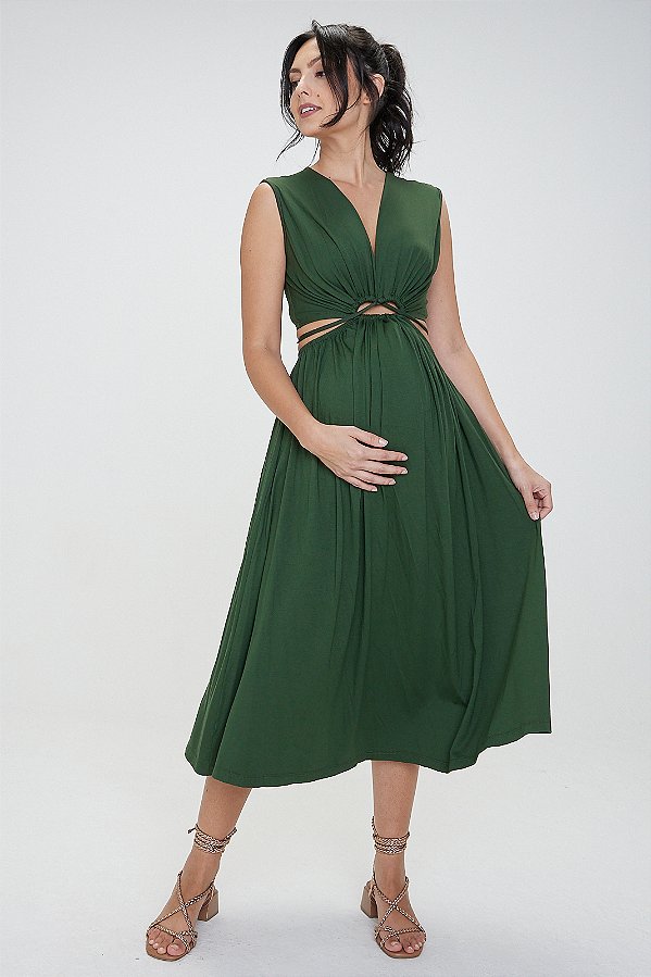 Vestido Gestante Amamentação Recortes Tagi Verde Oliva