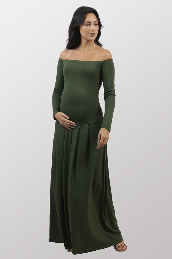 Vestido Gestante Ombros a Mostra Graça Verde Oliva