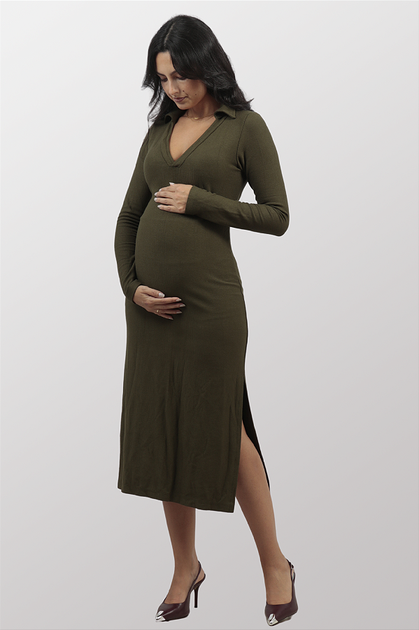 Vestido Gestante Canelado Midi Carla Verde Oliva