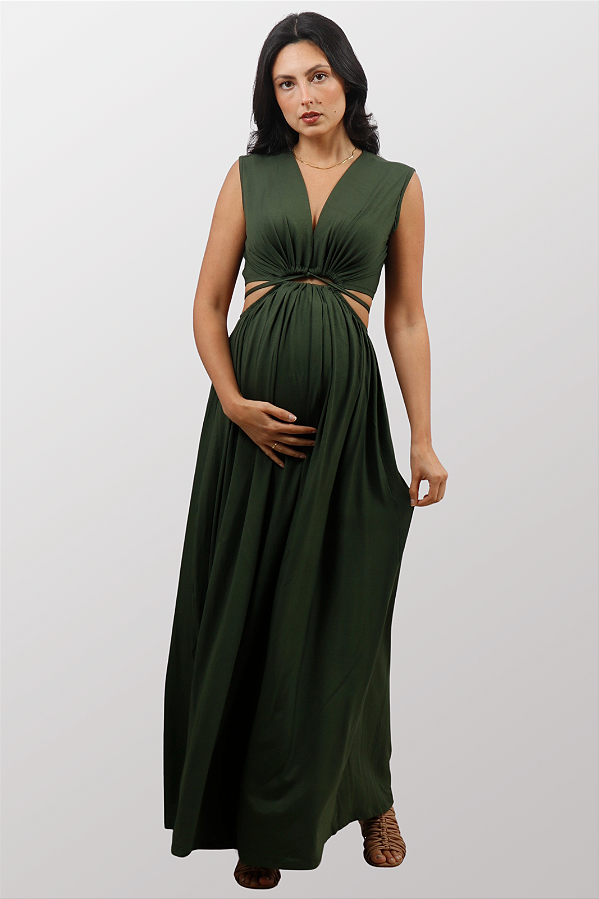 Vestido Gestante Amamentação Recortes Nanda Verde Oliva