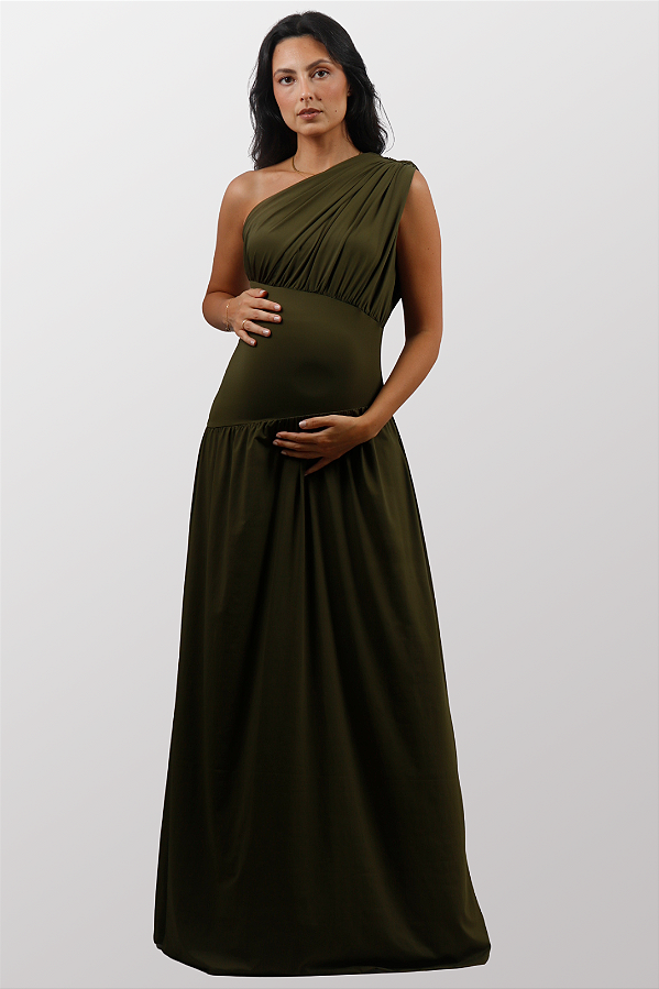 Vestido Gestante Poliamida Drapeado Ombro Só Camila Verde Oliva