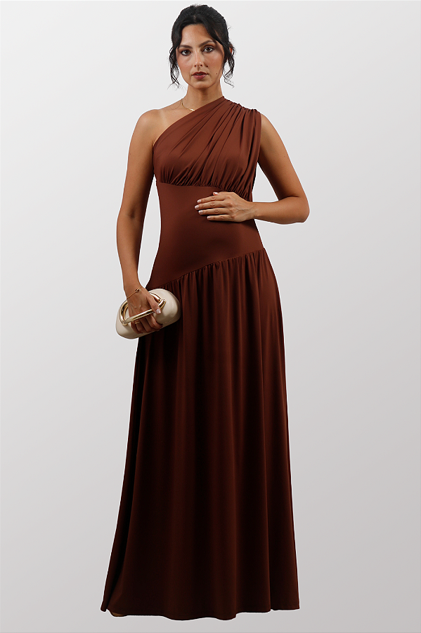 Vestido Gestante Poliamida Drapeado Ombro Só Camila Marrom