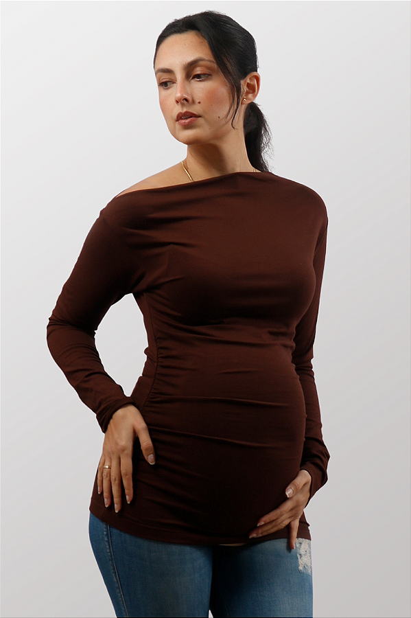 Blusa Gestante Decote Assimetrico Raquel Marrom