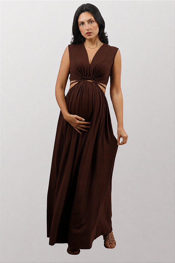 Vestido Gestante Amamentação Recortes Nanda Marrom