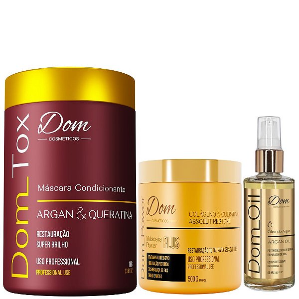 Kit Btox Dom Tox e Oil Argan 60 ml e Máscara Power 500g
