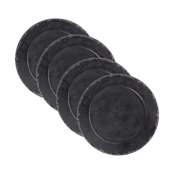 KIT 4 UNIDADES - PRATO REDONDO COM BORDA - ARDÓSIA - COR GRAFITE - 26cm