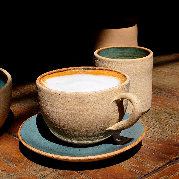 XÍCARA E PIRES LUAR - CERÂMICA MARFIM - COR ACQUAMARINE