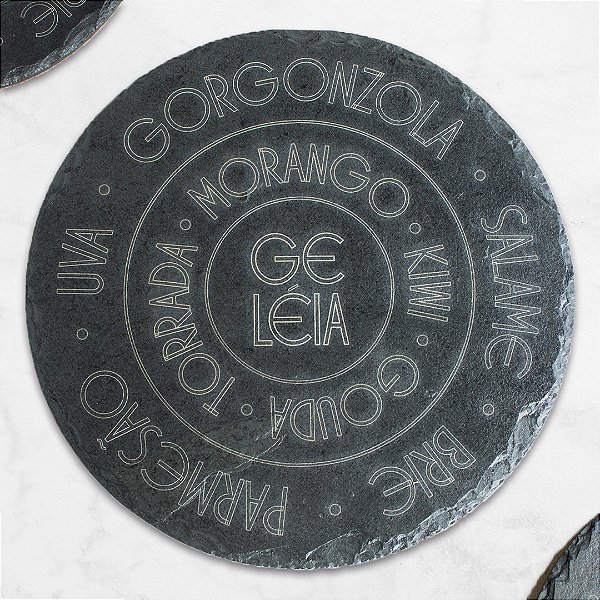 TÁBUA REDONDA CHEESE PERSONALIZADA - ARDÓSIA - COR GRAFITE  (INCLUSO LAÇO DE CETIM)