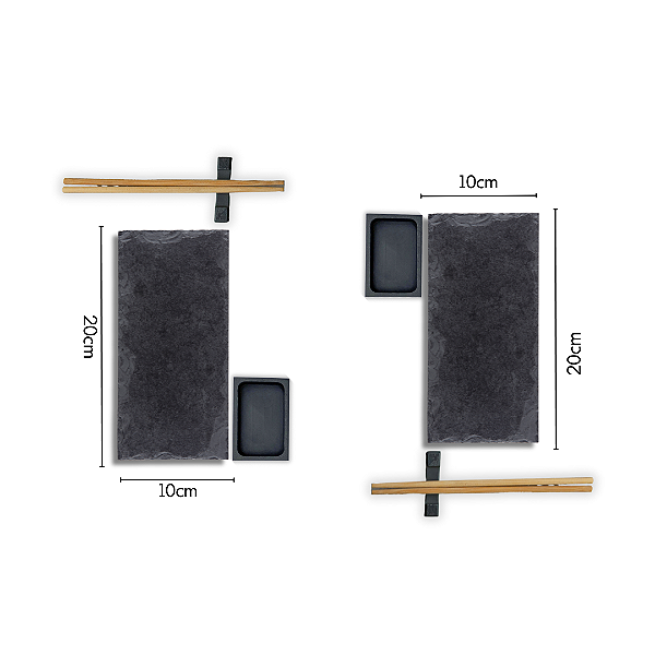 KIT PARA SUSHI - 2 TÁBUAS RETANGULARES 10X20CM (ACAB. RÚSTICO), 2 MOLHEIRAS, 2 APOIOS PARA HASHI, 2 HASHI BAMBU - ARDÓSIA - COR GRAFITE