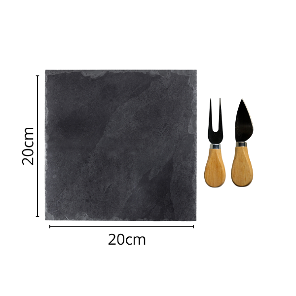 KIT PARA TÁBUA DE FRIOS - 1 PRATO QUADRADO 20x20cm, 1 FACA E 1 GARFO CABO DE MADEIRA - ARDÓSIA - COR GRAFITE
