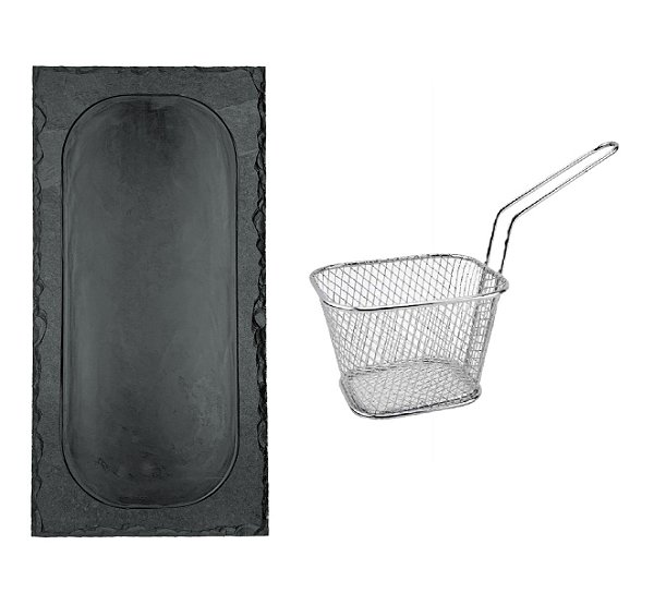 KIT PARA HAMBURGUER - TÁBUA RETANGULAR COM BORDA 15x30CM, CESTO METAL - ARDÓSIA - COR GRAFITE