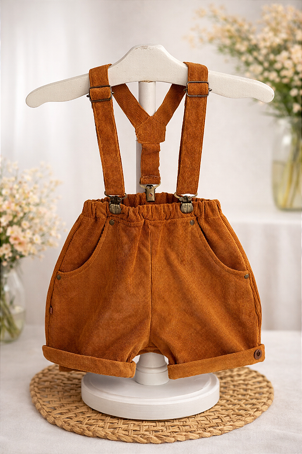 Bermuda com Suspensório Veludo Cotelê Caramelo