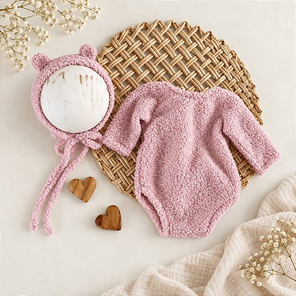 Conjunto Body e touca Ursinho Rosa