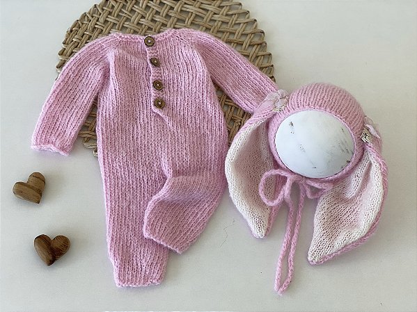 Conjunto Macacão Mohair Rosa Coelhinha